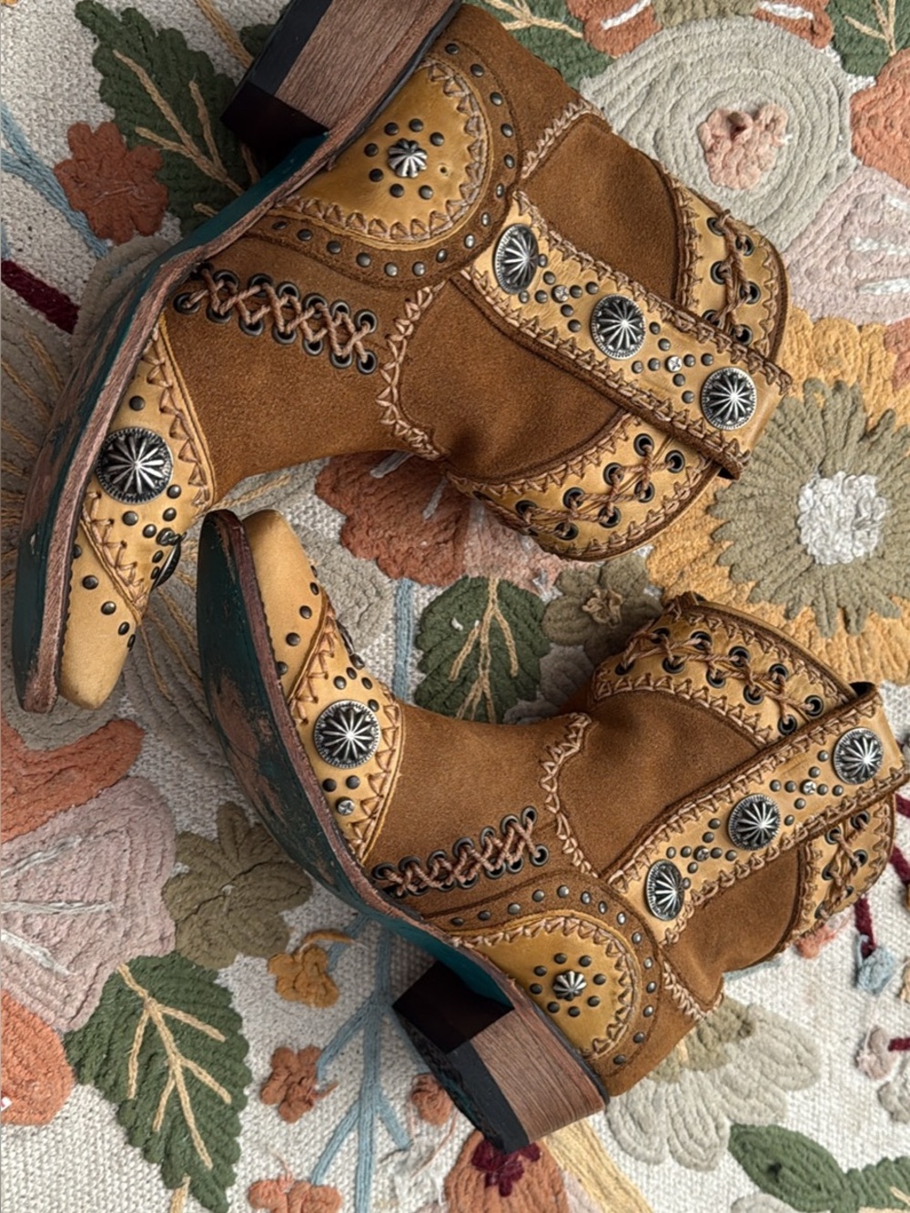 Women's Tan Suede Western Ankle Booties with Decorative Conchos